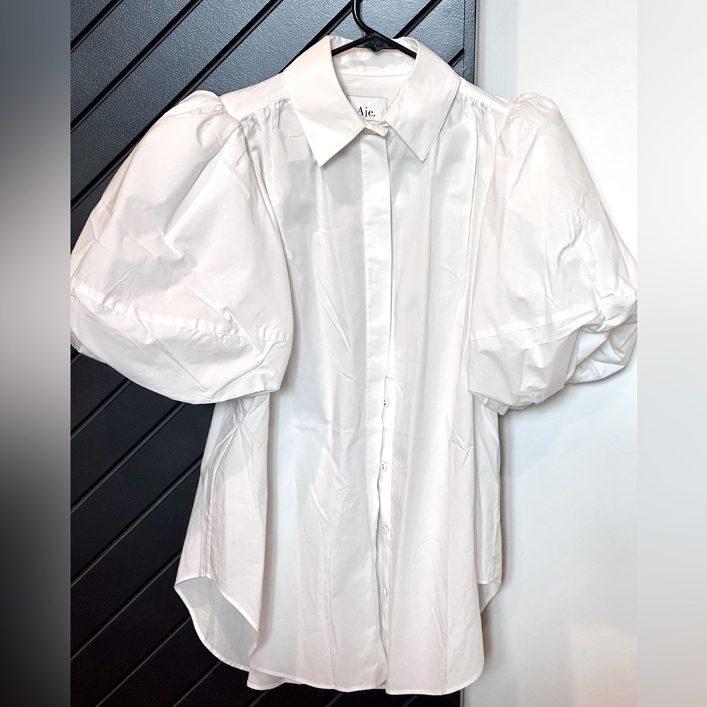 NWOT. Aje shirt with puff sleeves, collared neck, gold tone button. Never worn. - Picture 6 of 8